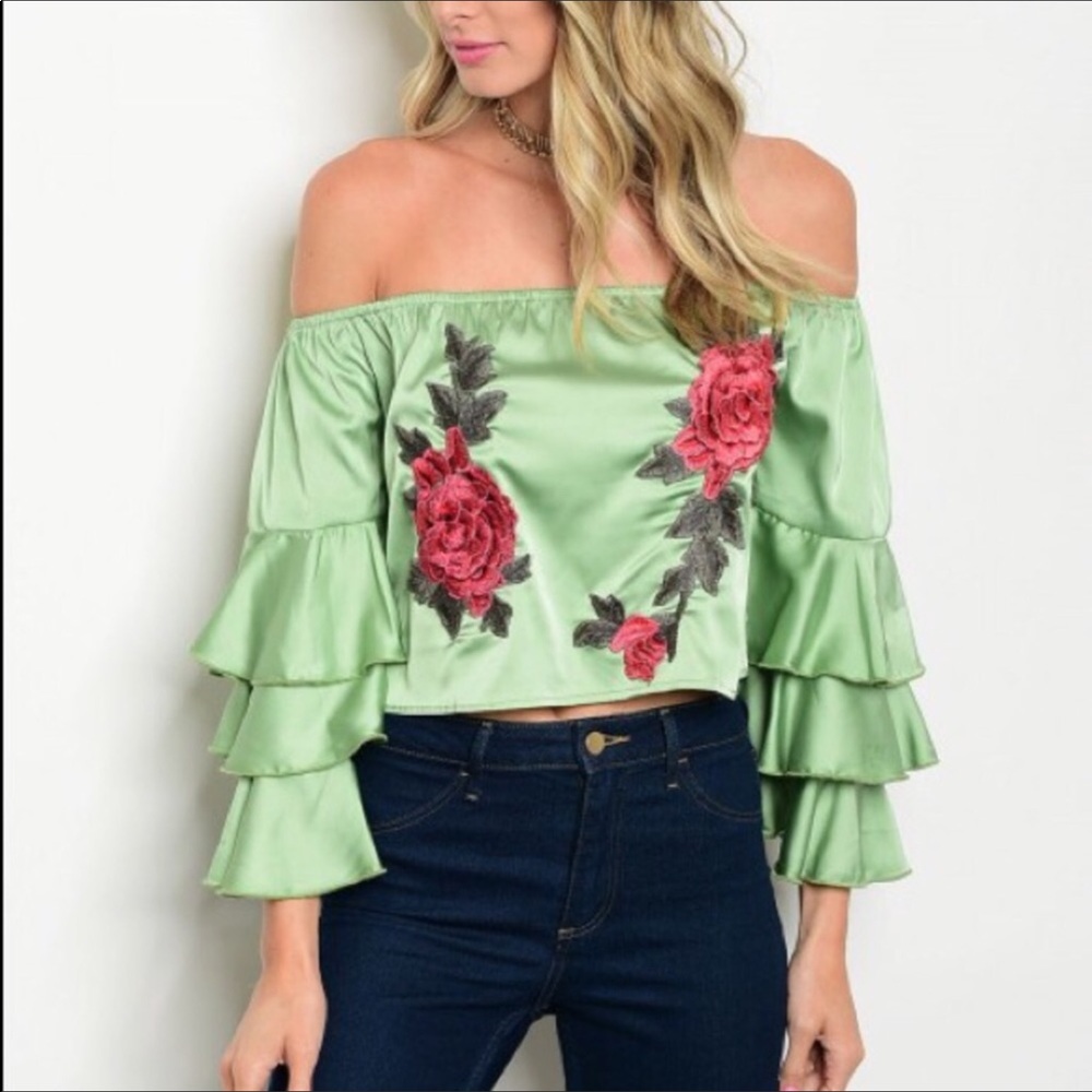 🆕 Off Shoulder Long Ruffled Sleeve Satin Top